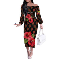 Uganda Family Matching Off The Shoulder Long Sleeve Dress and Hawaiian Shirt with Hibiscus Flower Pattern and The Pearl of Africa Text