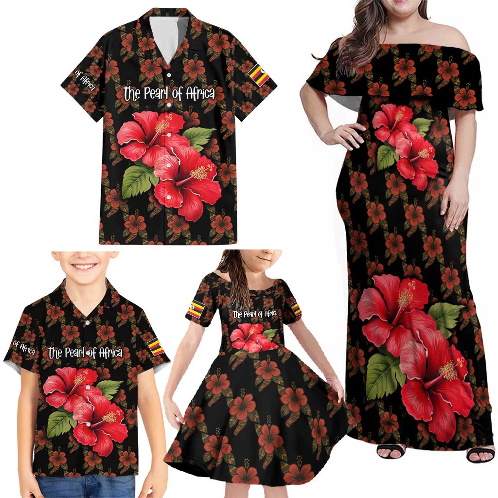 Uganda Family Matching Off Shoulder Maxi Dress and Hawaiian Shirt with Hibiscus Flower Pattern and The Pearl of Africa Text