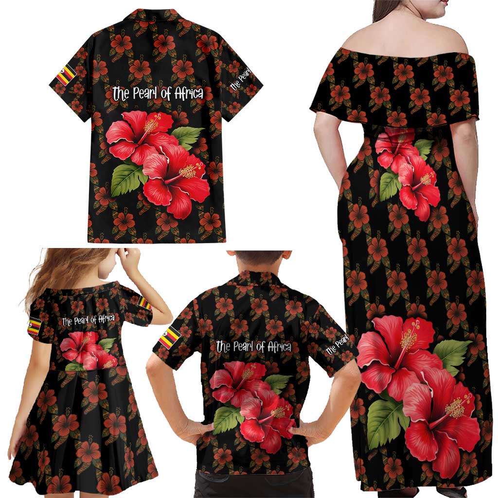 Uganda Family Matching Off Shoulder Maxi Dress and Hawaiian Shirt with Hibiscus Flower Pattern and The Pearl of Africa Text