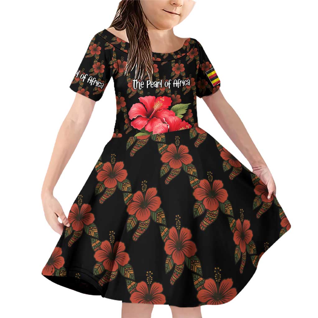 Uganda Family Matching Off Shoulder Short Dress and Hawaiian Shirt with Hibiscus Flower Pattern and The Pearl of Africa Text