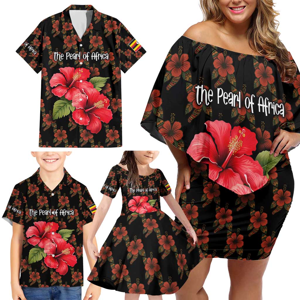 Uganda Family Matching Off Shoulder Short Dress and Hawaiian Shirt with Hibiscus Flower Pattern and The Pearl of Africa Text