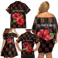 Uganda Family Matching Off Shoulder Short Dress and Hawaiian Shirt with Hibiscus Flower Pattern and The Pearl of Africa Text