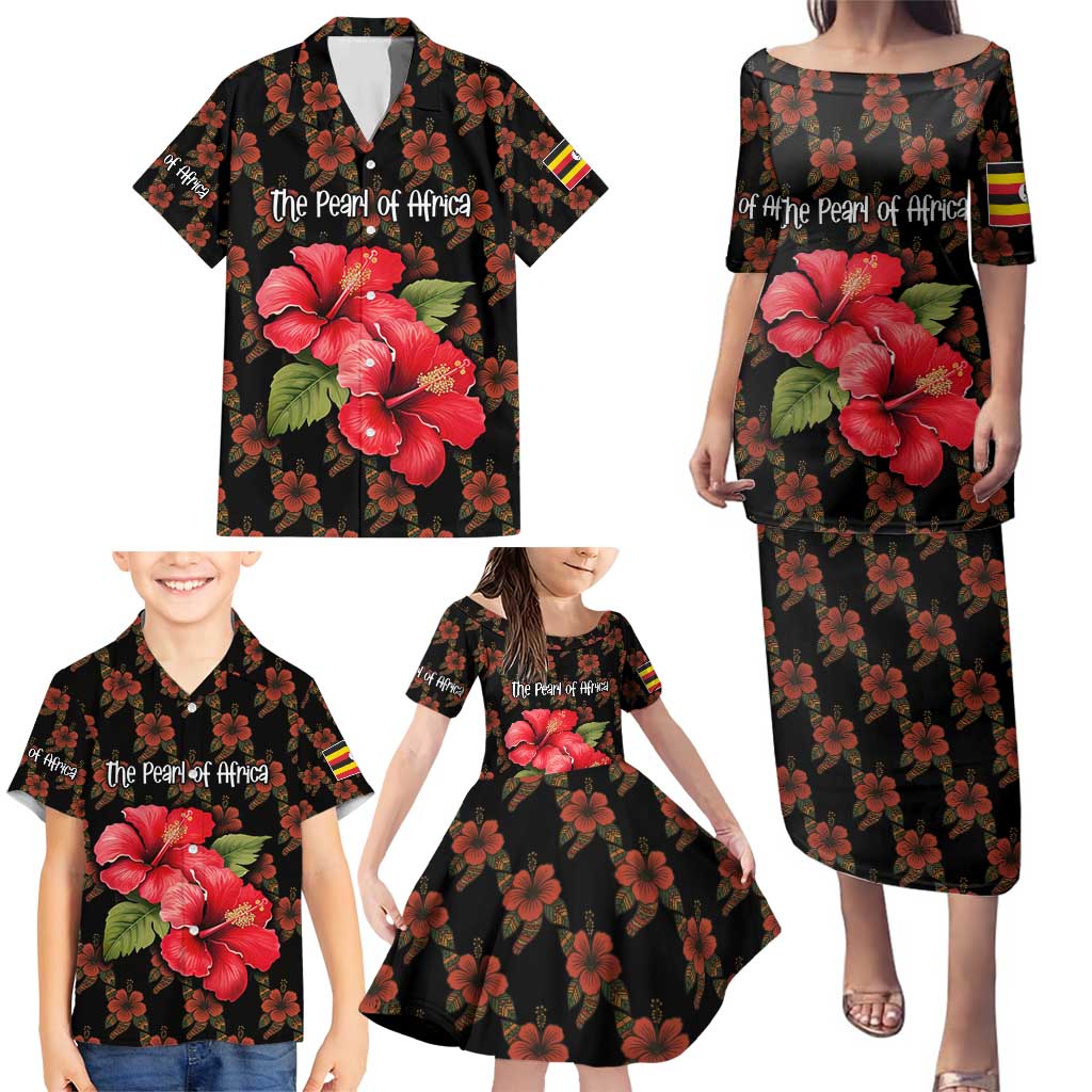 Uganda Family Matching Puletasi and Hawaiian Shirt with Hibiscus Flower Pattern and The Pearl of Africa Text