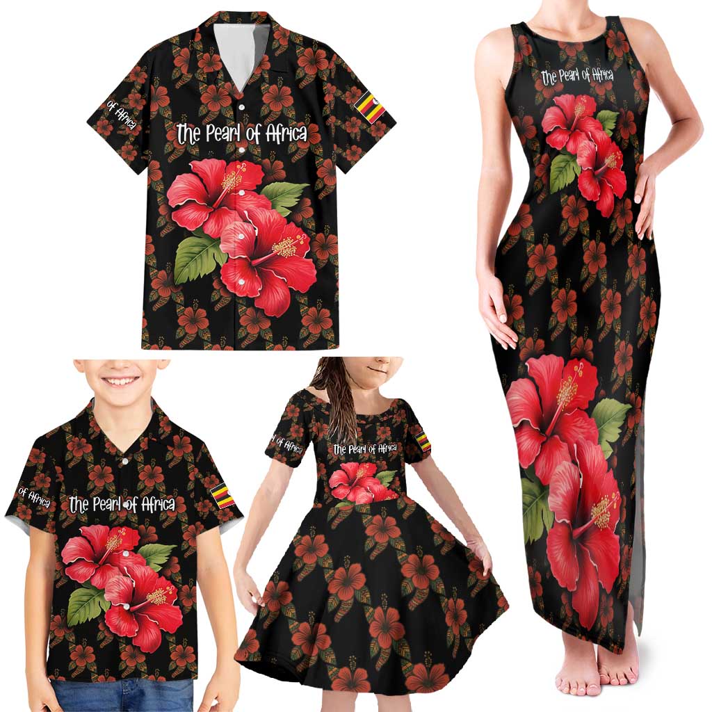 Uganda Family Matching Tank Maxi Dress and Hawaiian Shirt with Hibiscus Flower Pattern and The Pearl of Africa Text