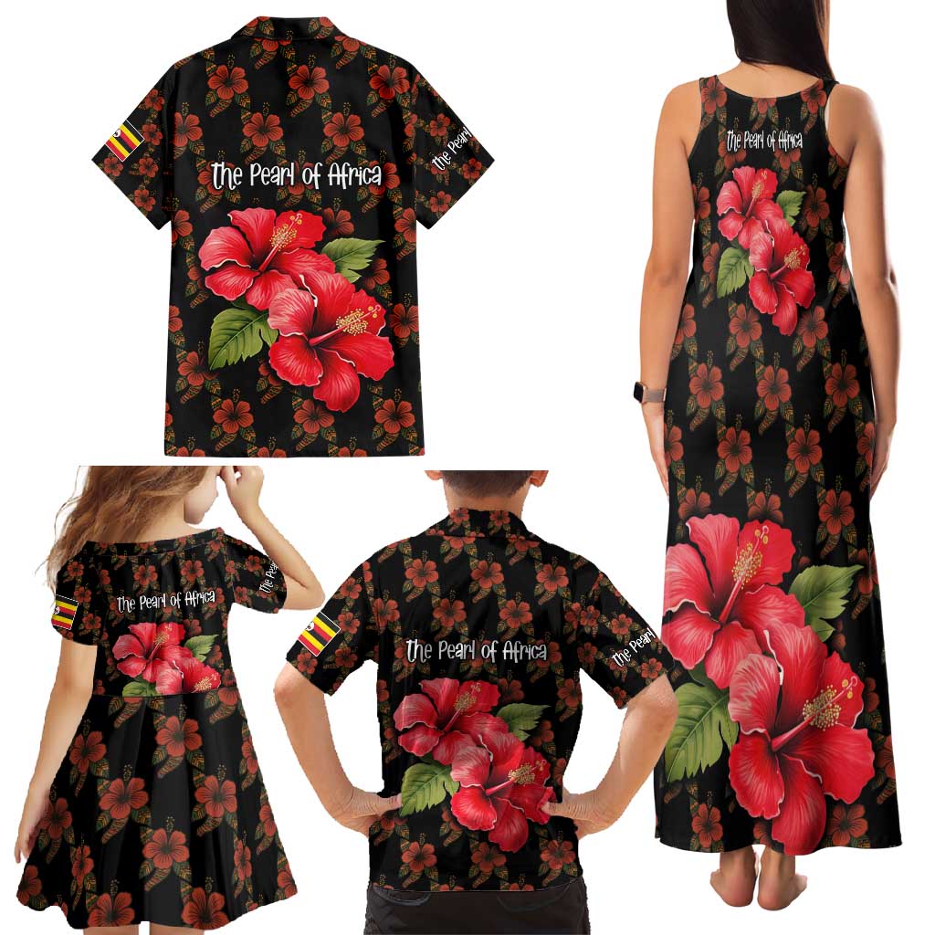 Uganda Family Matching Tank Maxi Dress and Hawaiian Shirt with Hibiscus Flower Pattern and The Pearl of Africa Text