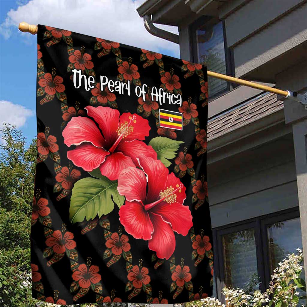 Uganda Garden Flag with Hibiscus Flower Pattern and The Pearl of Africa Text