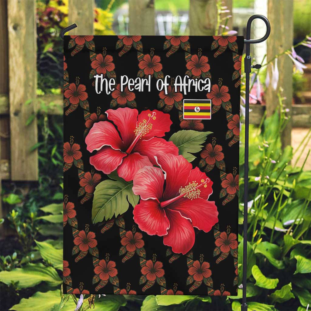 Uganda Garden Flag with Hibiscus Flower Pattern and The Pearl of Africa Text