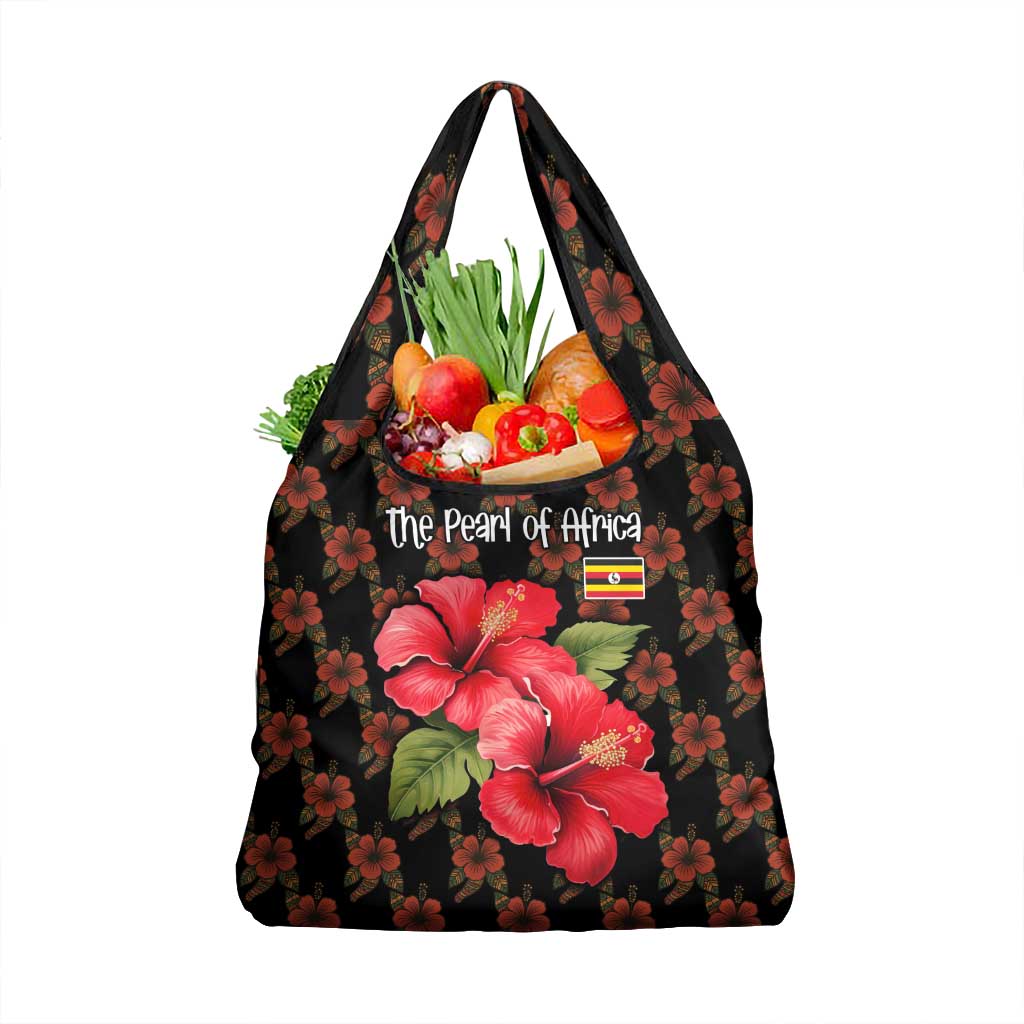 Uganda Grocery Bag with Hibiscus Flower Pattern and The Pearl of Africa Text