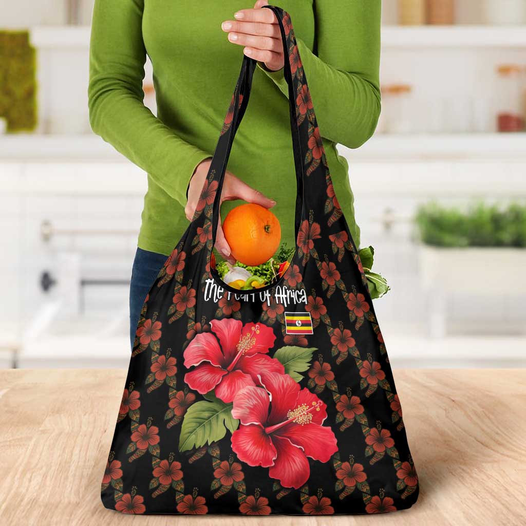 Uganda Grocery Bag with Hibiscus Flower Pattern and The Pearl of Africa Text
