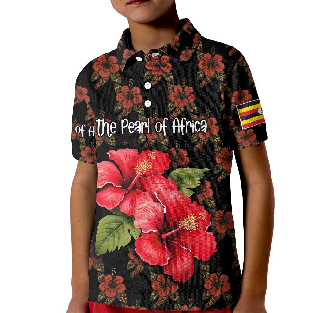 Uganda Kid Polo Shirt with Hibiscus Flower Pattern and The Pearl of Africa Text