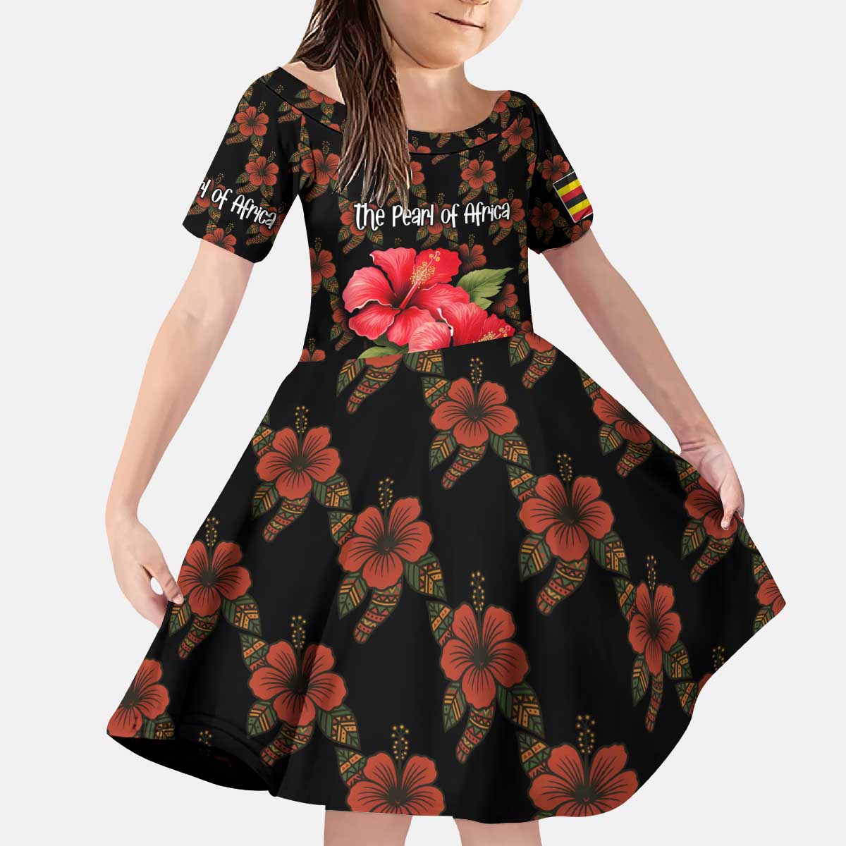 Uganda Kid Short Sleeve Dress with Hibiscus Flower Pattern and The Pearl of Africa Text