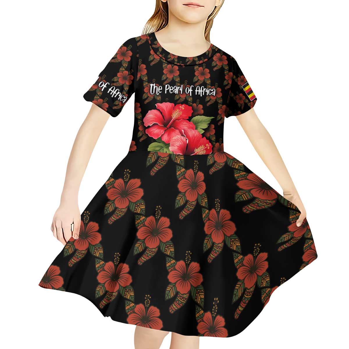 Uganda Kid Short Sleeve Dress with Hibiscus Flower Pattern and The Pearl of Africa Text