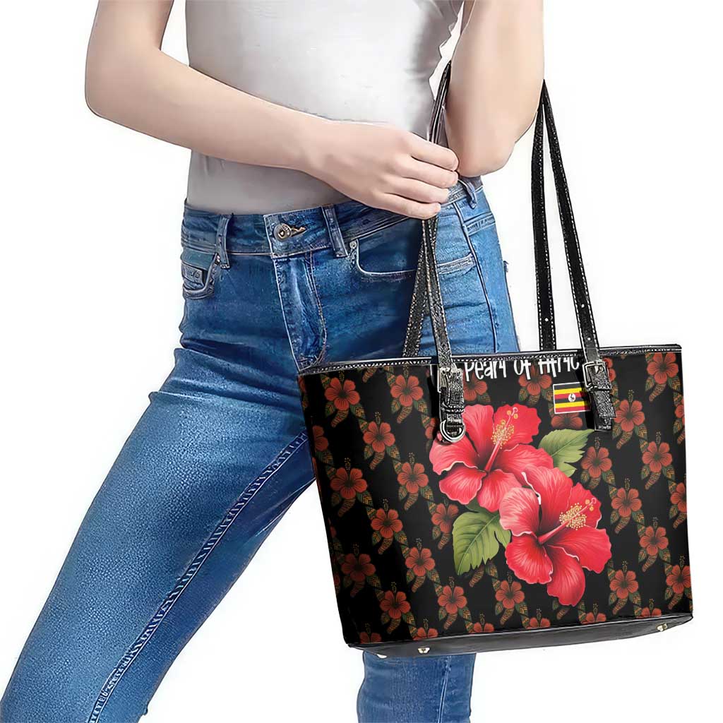 Uganda Leather Tote Bag with Hibiscus Flower Pattern and The Pearl of Africa Text