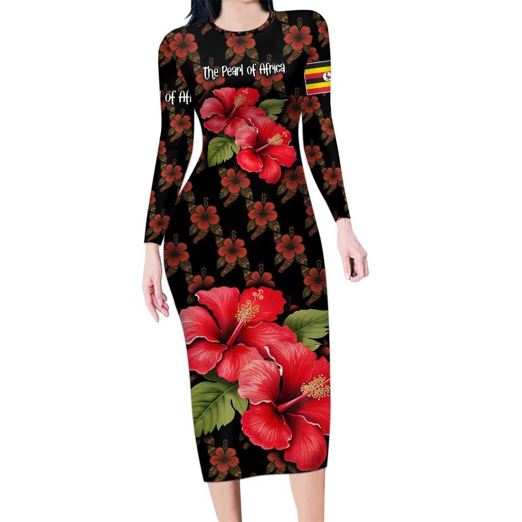 Uganda Long Sleeve Bodycon Dress with Hibiscus Flower Pattern and The Pearl of Africa Text