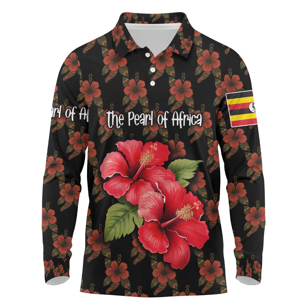 Uganda Long Sleeve Polo Shirt with Hibiscus Flower Pattern and The Pearl of Africa Text