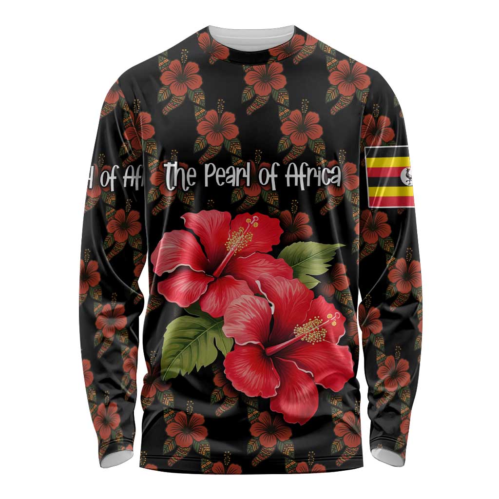 Uganda Long Sleeve Shirt with Hibiscus Flower Pattern and The Pearl of Africa Text