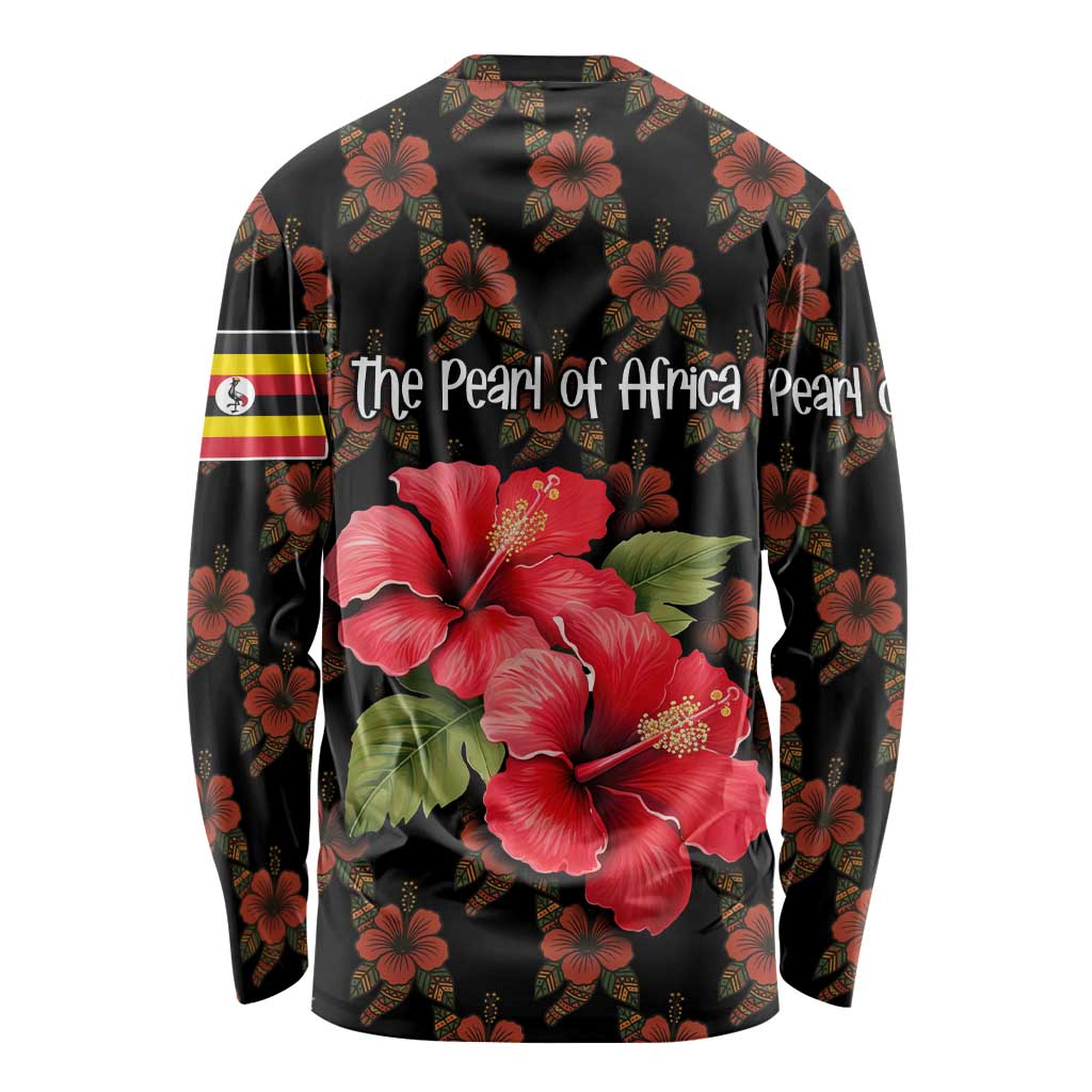Uganda Long Sleeve Shirt with Hibiscus Flower Pattern and The Pearl of Africa Text