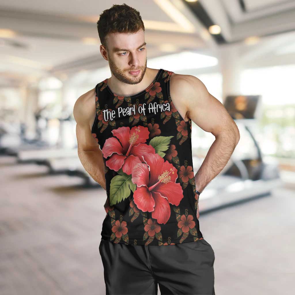 Uganda Men Tank Top with Hibiscus Flower Pattern and The Pearl of Africa Text