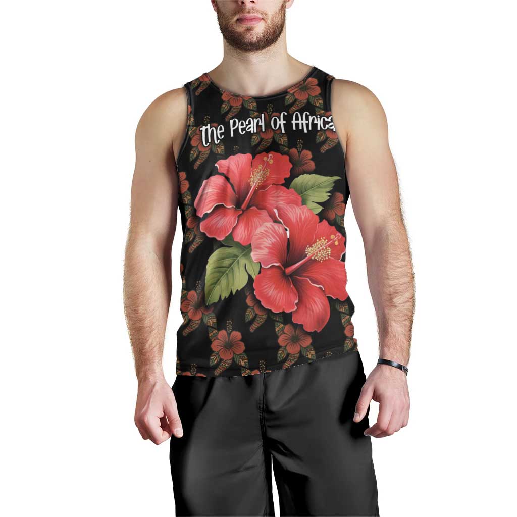 Uganda Men Tank Top with Hibiscus Flower Pattern and The Pearl of Africa Text