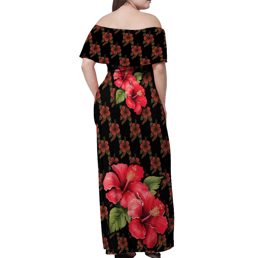 Uganda Off Shoulder Maxi Dress with Hibiscus Flower Pattern and The Pearl of Africa Text