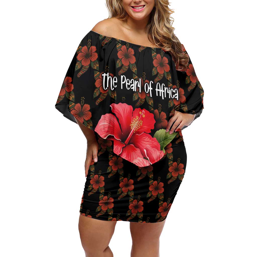 Uganda Off Shoulder Short Dress with Hibiscus Flower Pattern and The Pearl of Africa Text