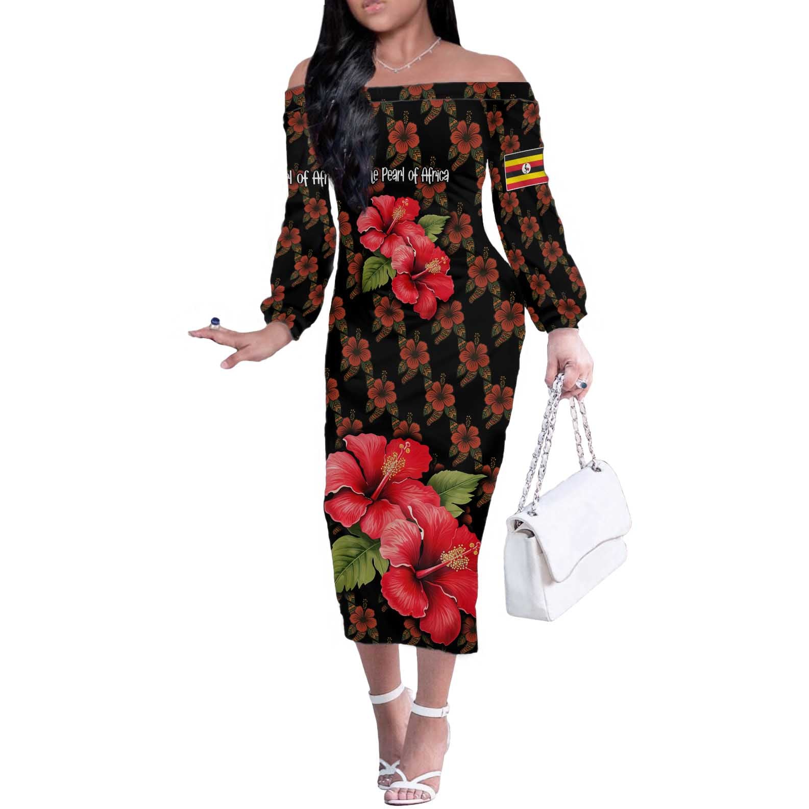 Uganda Off The Shoulder Long Sleeve Dress with Hibiscus Flower Pattern and The Pearl of Africa Text