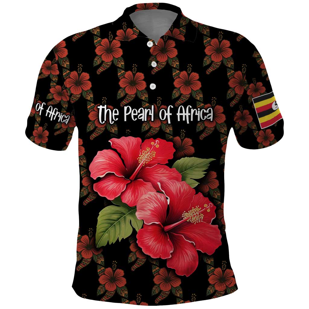 Uganda Polo Shirt with Hibiscus Flower Pattern and The Pearl of Africa Text