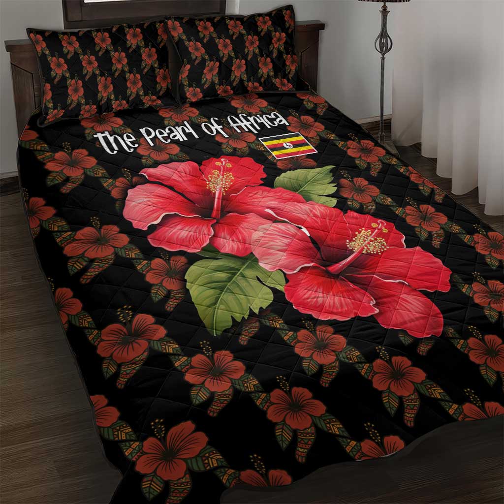 Uganda Quilt Bed Set with Hibiscus Flower Pattern and The Pearl of Africa Text