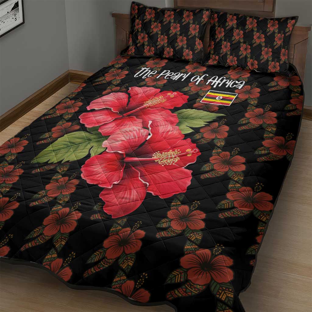 Uganda Quilt Bed Set with Hibiscus Flower Pattern and The Pearl of Africa Text