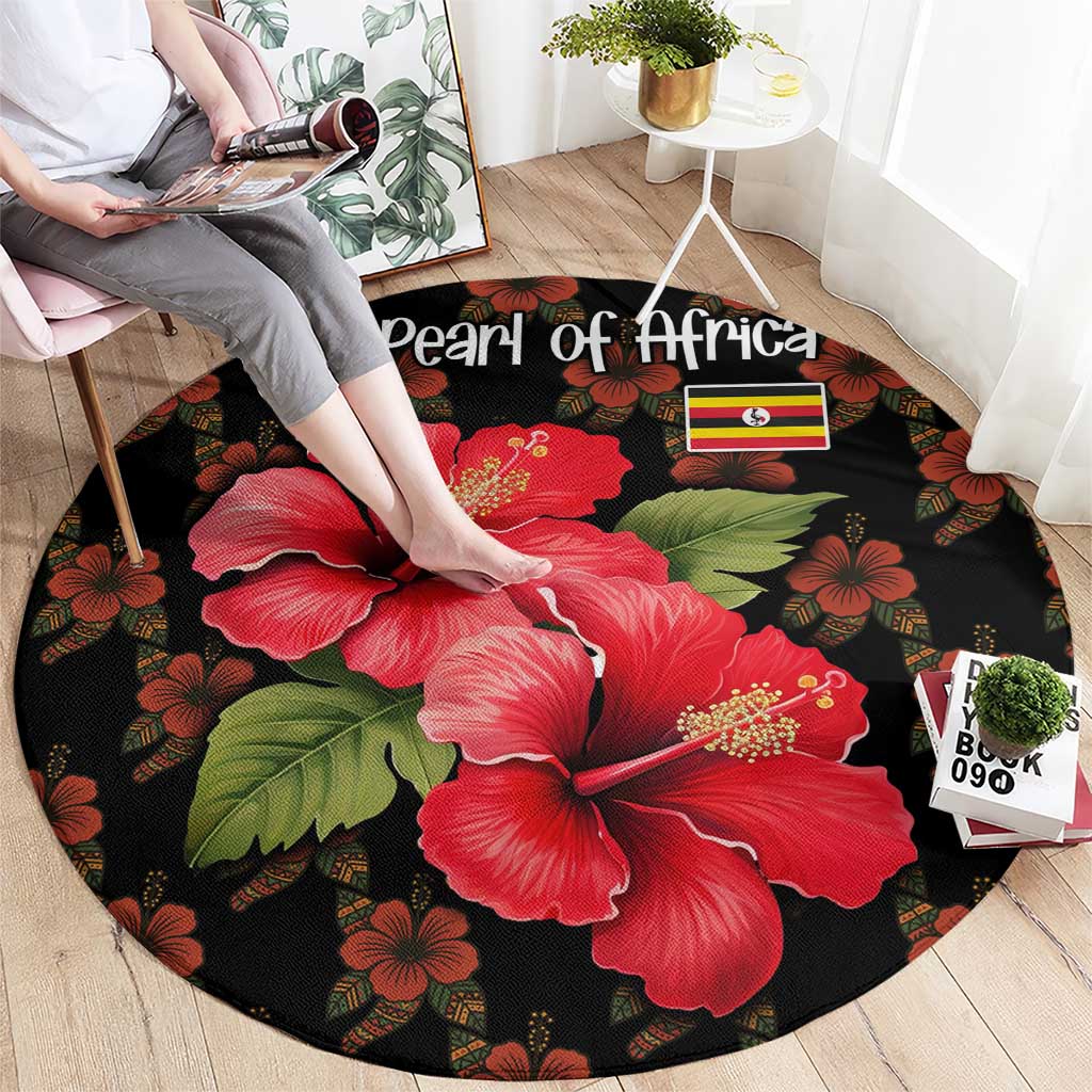 Uganda Round Carpet with Hibiscus Flower Pattern and The Pearl of Africa Text