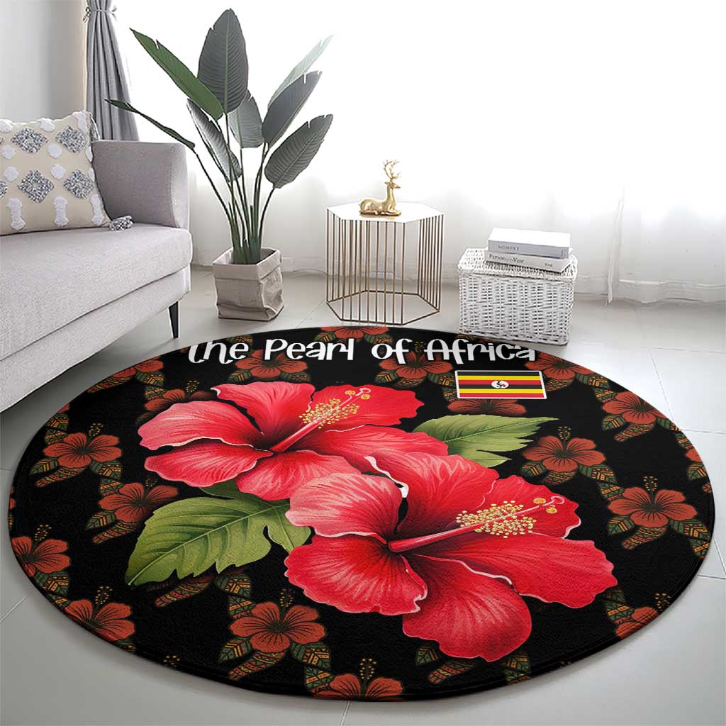Uganda Round Carpet with Hibiscus Flower Pattern and The Pearl of Africa Text
