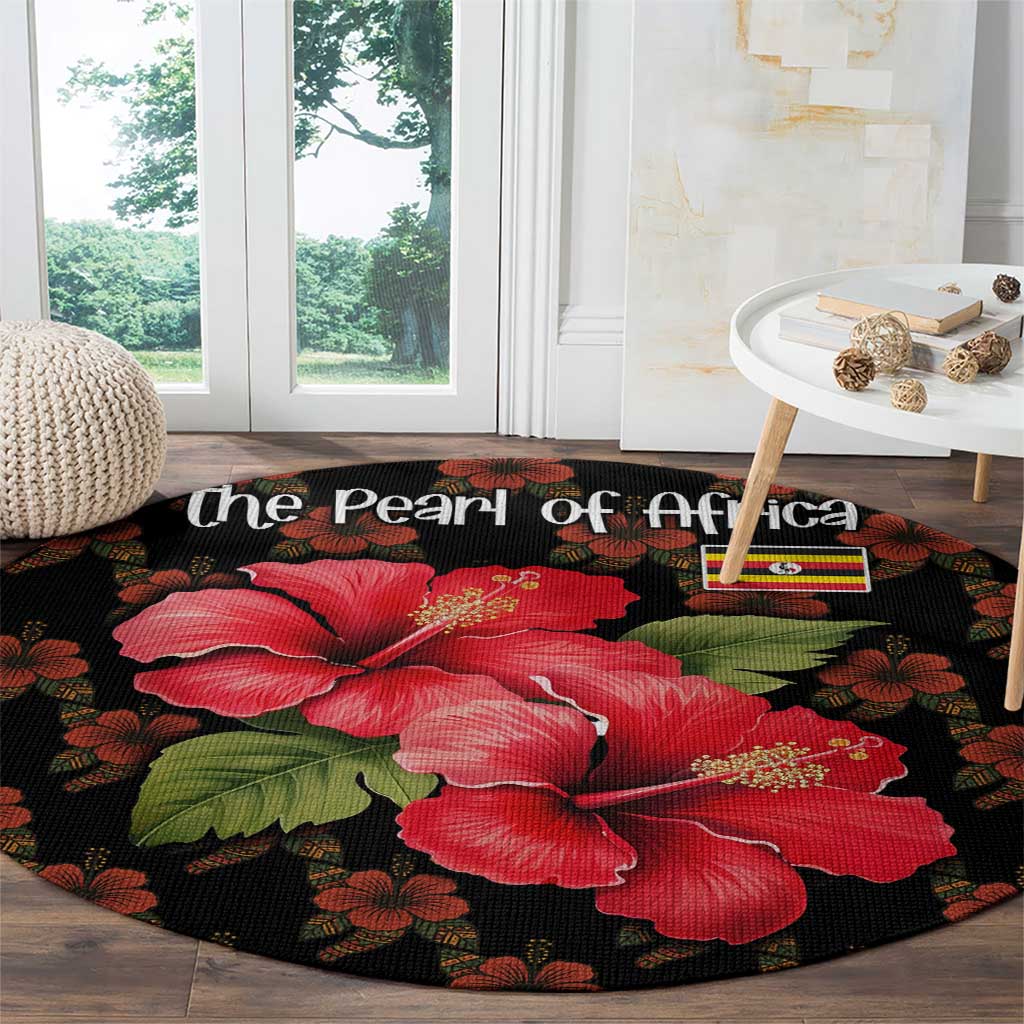 Uganda Round Carpet with Hibiscus Flower Pattern and The Pearl of Africa Text