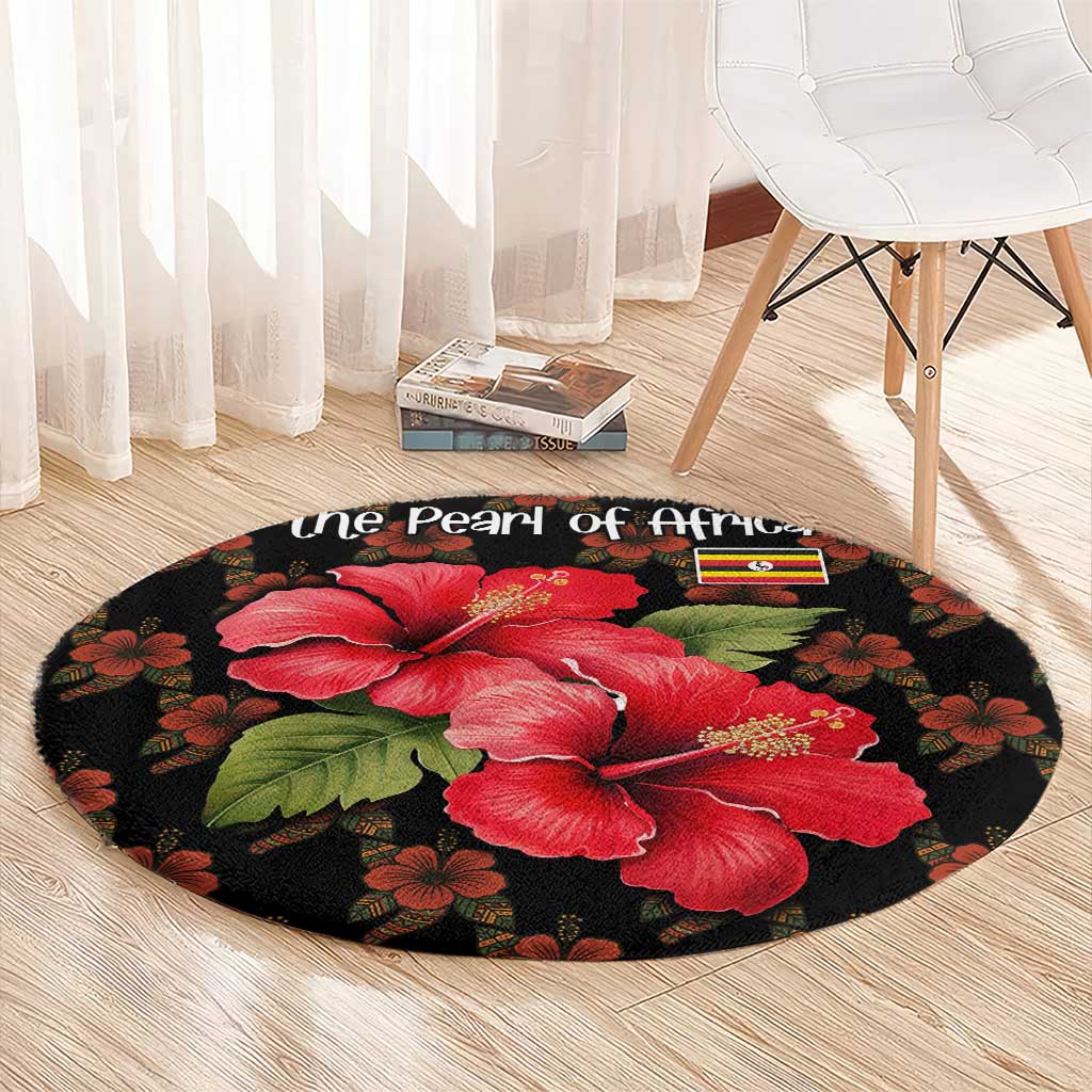 Uganda Round Carpet with Hibiscus Flower Pattern and The Pearl of Africa Text