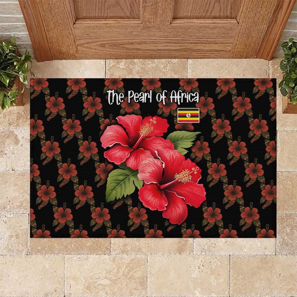 Uganda Rubber Doormat with Hibiscus Flower Pattern and The Pearl of Africa Text