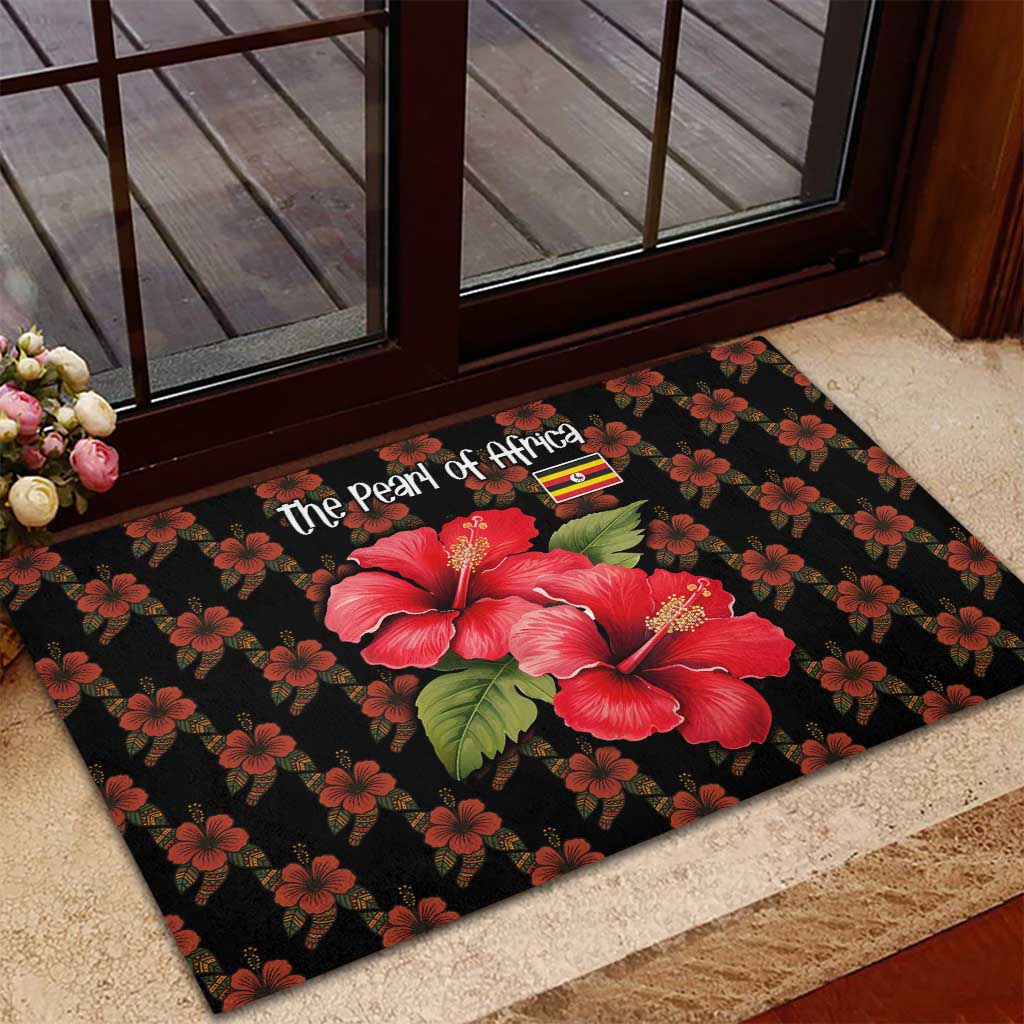 Uganda Rubber Doormat with Hibiscus Flower Pattern and The Pearl of Africa Text