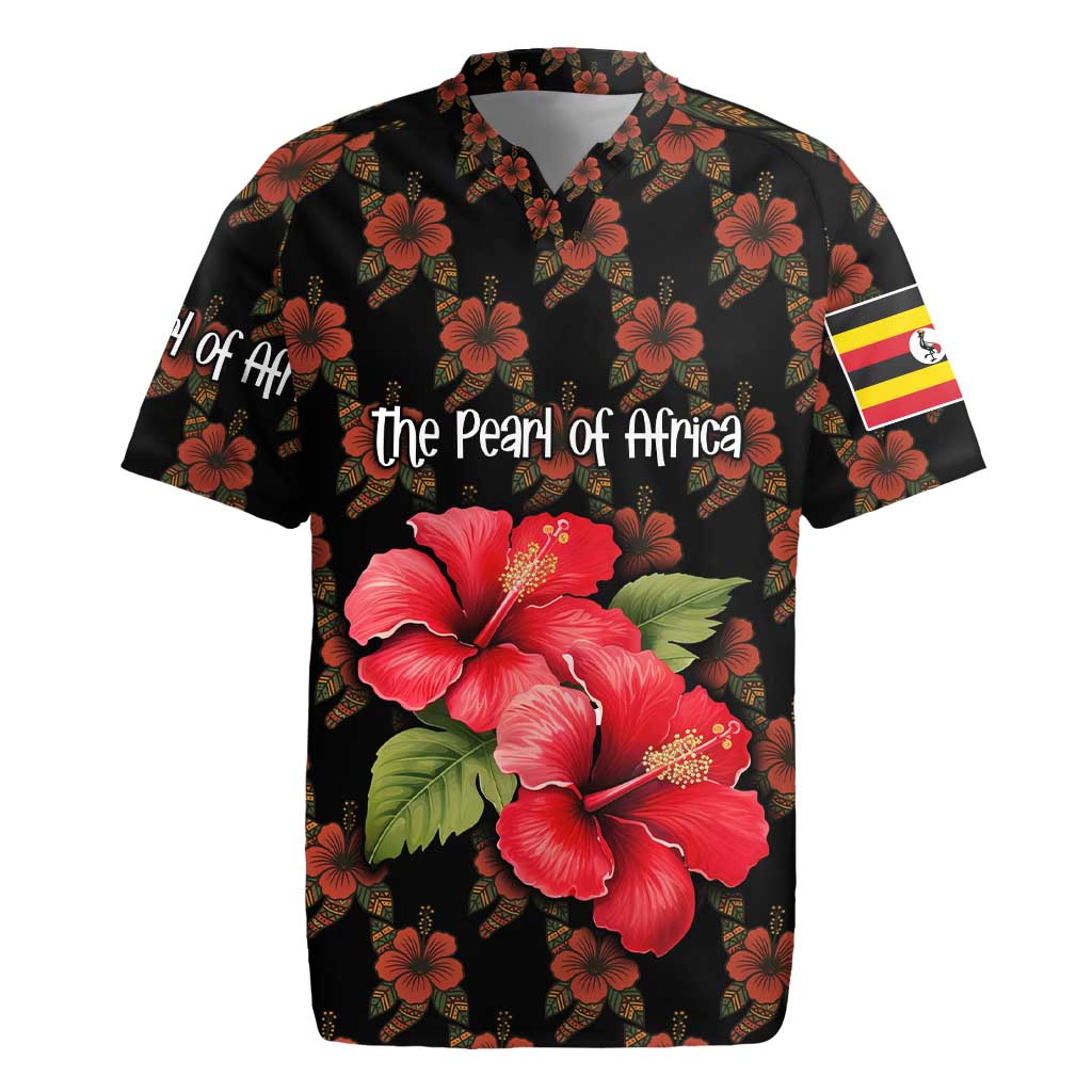 Uganda Rugby Jersey with Hibiscus Flower Pattern and The Pearl of Africa Text