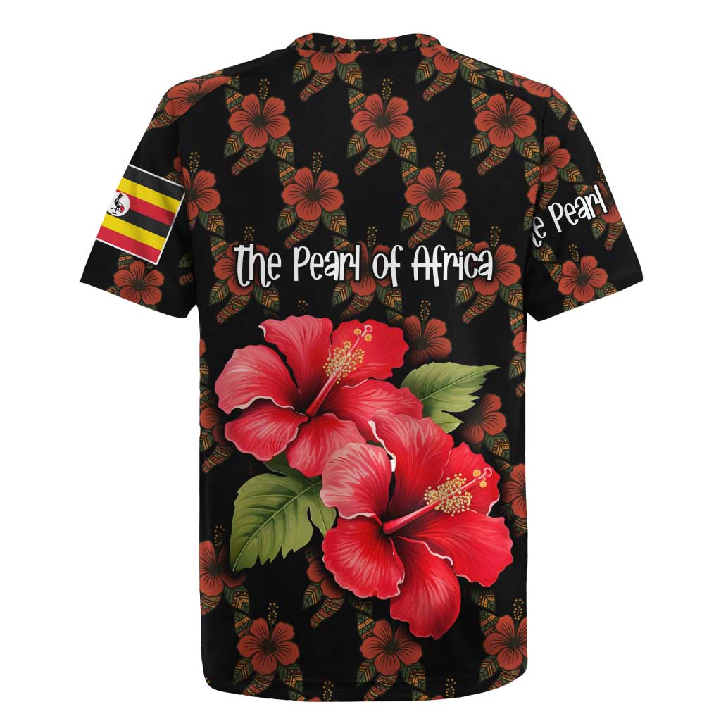 Uganda Rugby Jersey with Hibiscus Flower Pattern and The Pearl of Africa Text