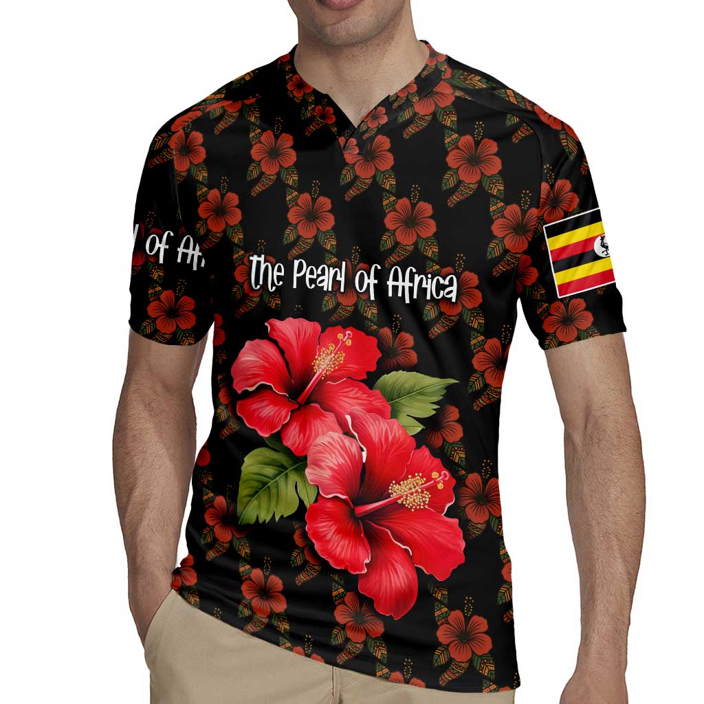 Uganda Rugby Jersey with Hibiscus Flower Pattern and The Pearl of Africa Text