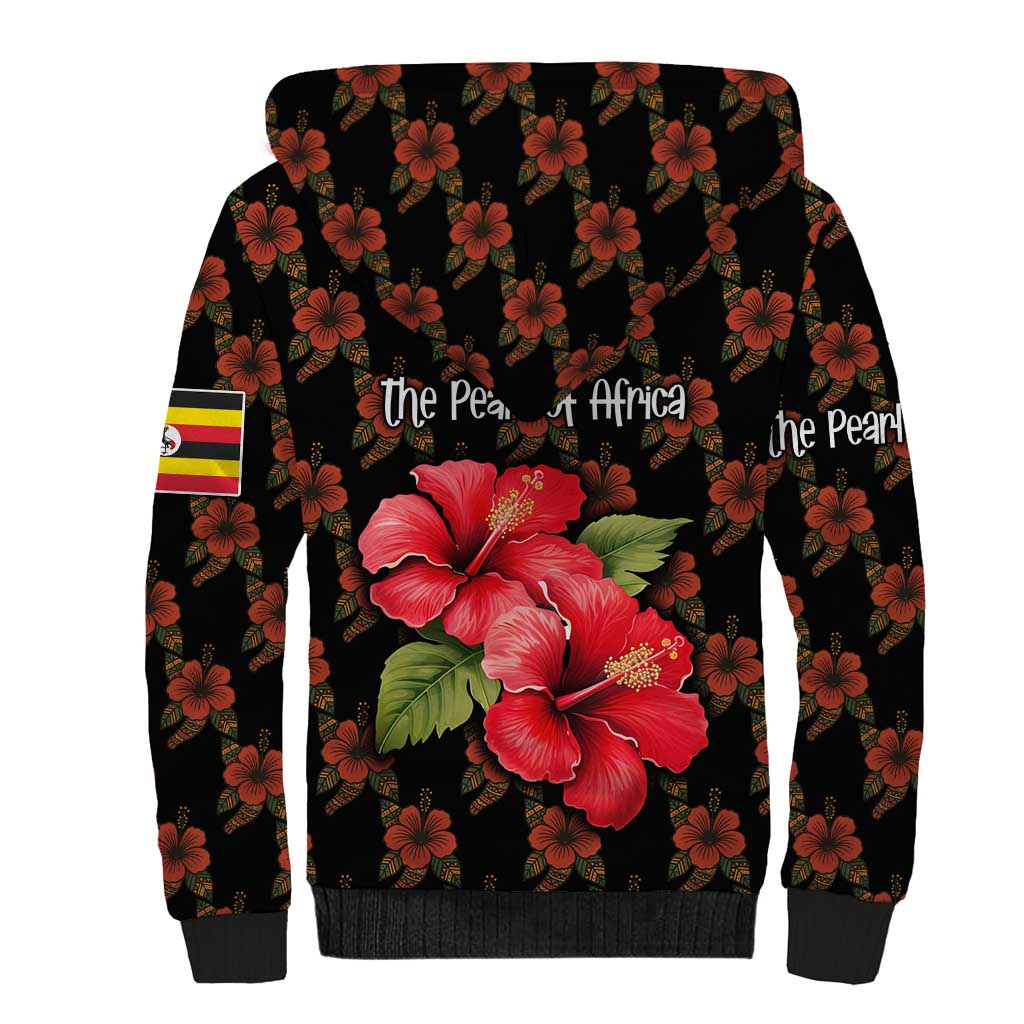 Uganda Sherpa Hoodie with Hibiscus Flower Pattern and The Pearl of Africa Text