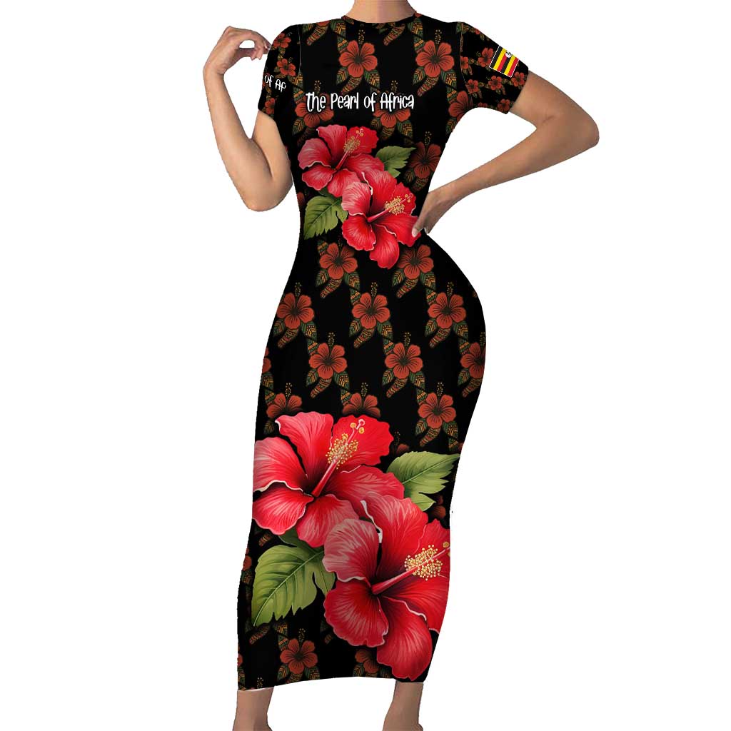 Uganda Short Sleeve Bodycon Dress with Hibiscus Flower Pattern and The Pearl of Africa Text