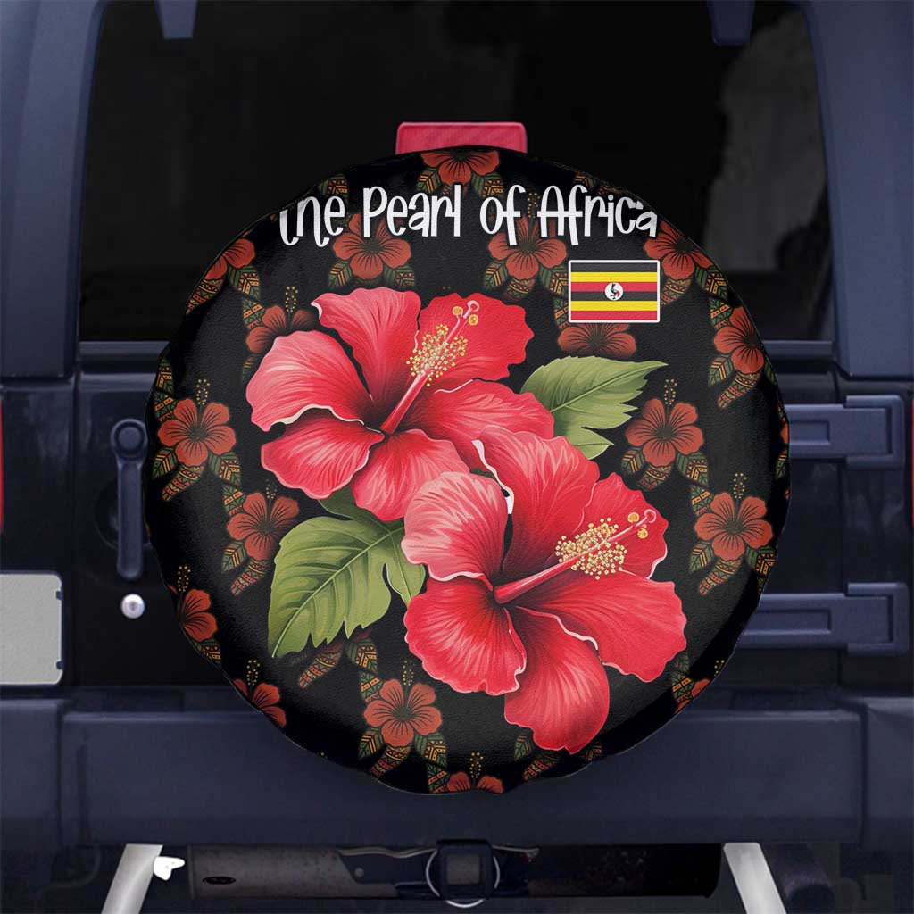Uganda Spare Tire Cover with Hibiscus Flower Pattern and The Pearl of Africa Text