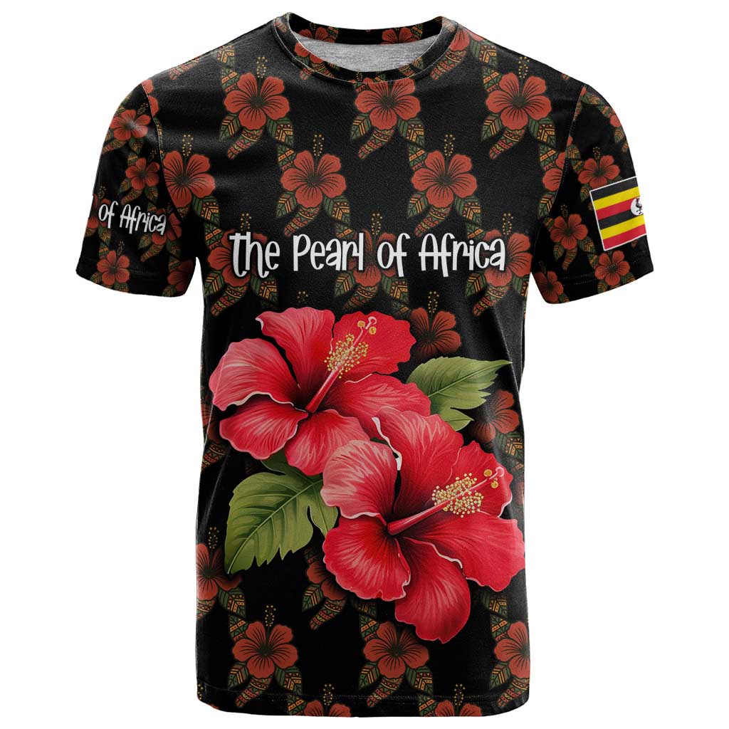 Uganda T Shirt with Hibiscus Flower Pattern and The Pearl of Africa Text