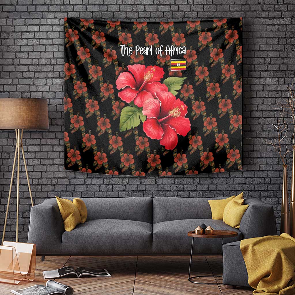 Uganda Tapestry with Hibiscus Flower Pattern and The Pearl of Africa Text