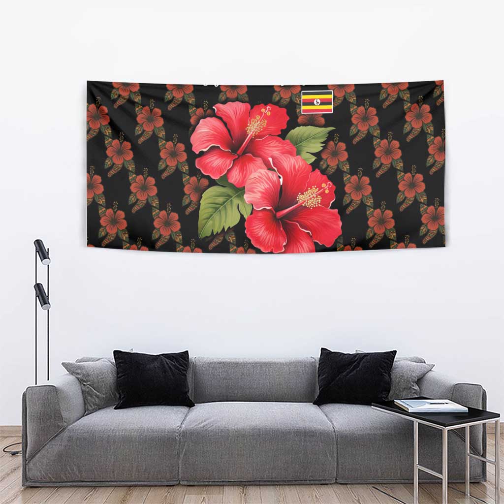 Uganda Tapestry with Hibiscus Flower Pattern and The Pearl of Africa Text