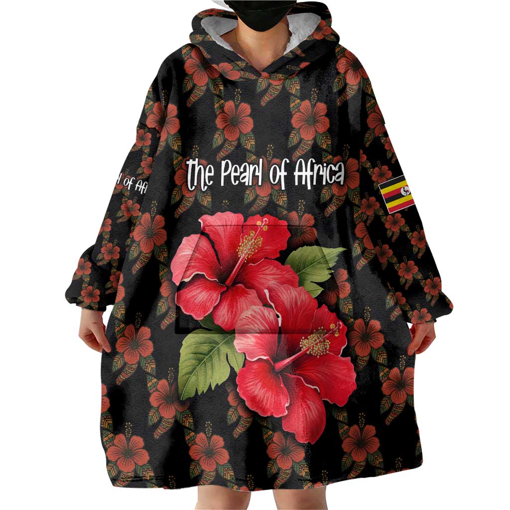 Uganda Wearable Blanket Hoodie with Hibiscus Flower Pattern and The Pearl of Africa Text