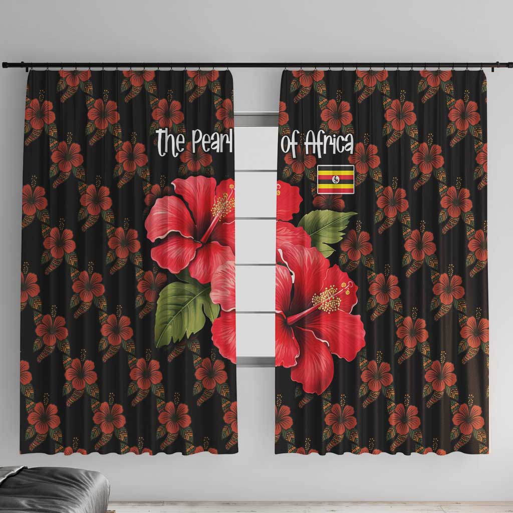 Uganda Window Curtain with Hibiscus Flower Pattern and The Pearl of Africa Text
