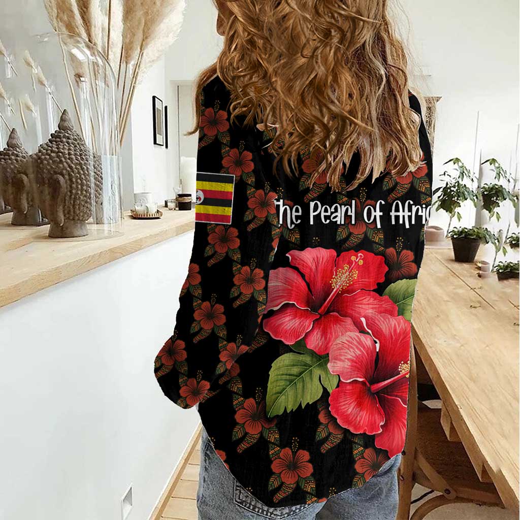 Uganda Women Casual Shirt with Hibiscus Flower Pattern and The Pearl of Africa Text