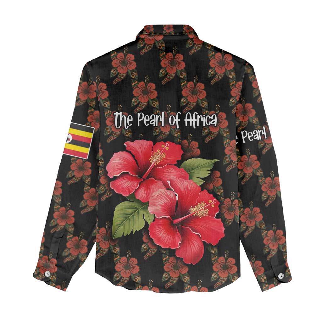Uganda Women Casual Shirt with Hibiscus Flower Pattern and The Pearl of Africa Text