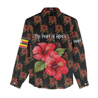 Uganda Women Casual Shirt with Hibiscus Flower Pattern and The Pearl of Africa Text
