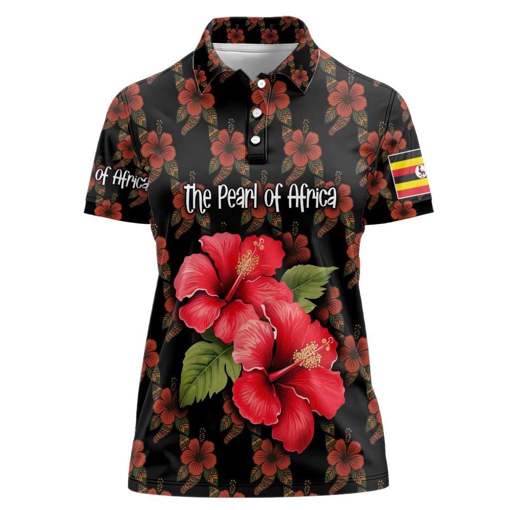 Uganda Women Polo Shirt with Hibiscus Flower Pattern and The Pearl of Africa Text